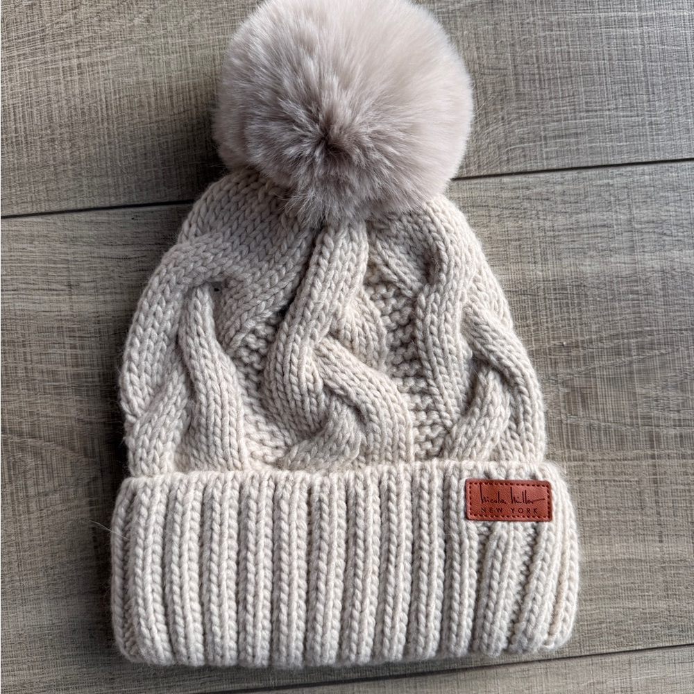 Nicole Miller Cream Cable Knit Kids Beanie with Pom-Pom